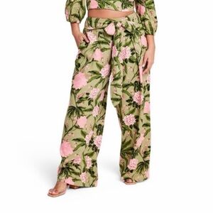 Agua Bendita Olive and Pink Floral Wide-Leg Tie-Waist Pants